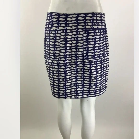 Garnet Hill Sz 12 Fish Print Mini Pencil Skirt Blue 100% Cotton Casual - Picture 3 of 6